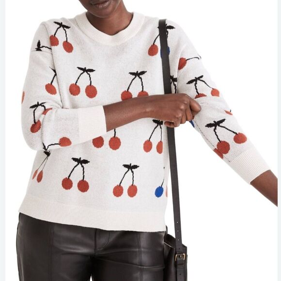 Madewell Cherry Jacquard Pullover Thick Midi Crop Crew Neck Women Sweater Sz XL - Picture 1 of 12